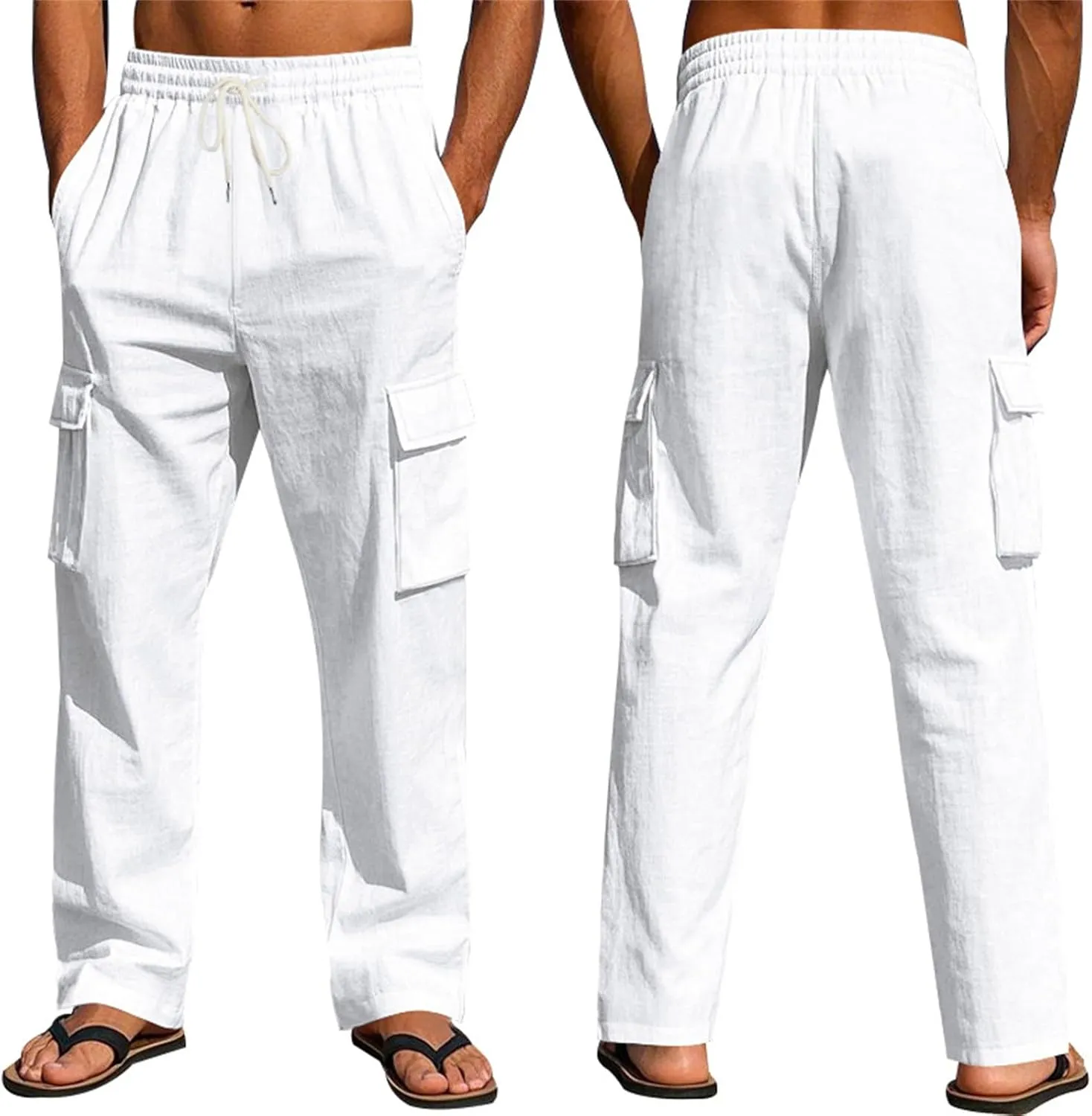KUIOLYPOER Mens Linen Pants Loose Casual Straight Wide-Legged Thin Quick Dry Breathable Multi-Pocket Elastic Waist Trousers