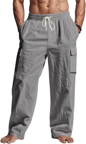 KUIOLYPOER Mens Linen Pants Loose Casual Straight Wide-Legged Thin Quick Dry Breathable Multi-Pocket Elastic Waist Trousers