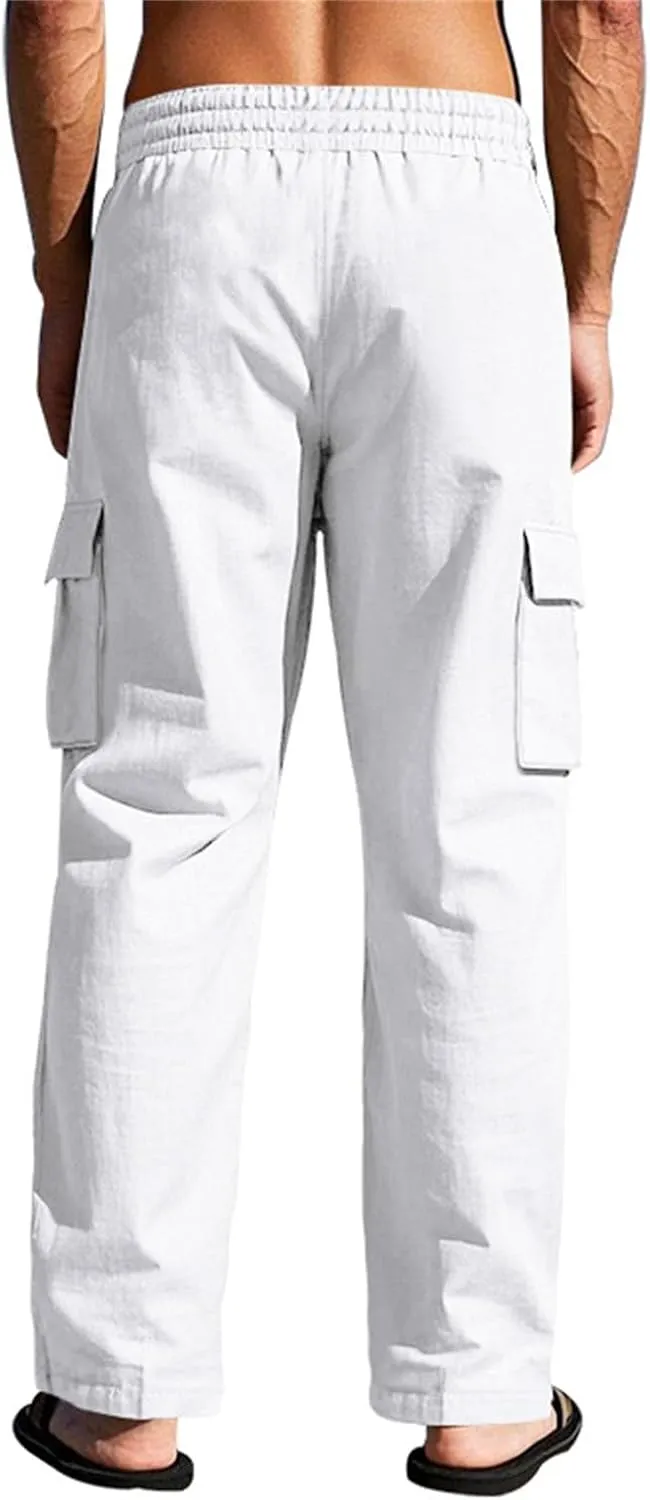 KUIOLYPOER Mens Linen Pants Loose Casual Straight Wide-Legged Thin Quick Dry Breathable Multi-Pocket Elastic Waist Trousers