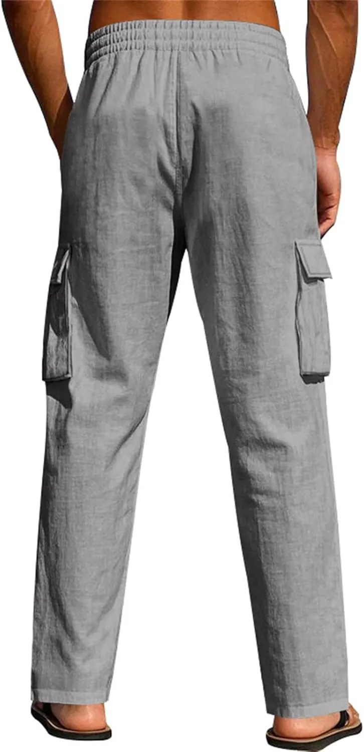 KUIOLYPOER Mens Linen Pants Loose Casual Straight Wide-Legged Thin Quick Dry Breathable Multi-Pocket Elastic Waist Trousers