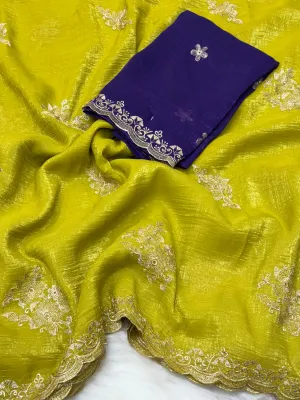 Latest Dark Mustard Crunchy Chiffon Embroidery n Cut Work Partywear Fancy Designer Saree With Blouse