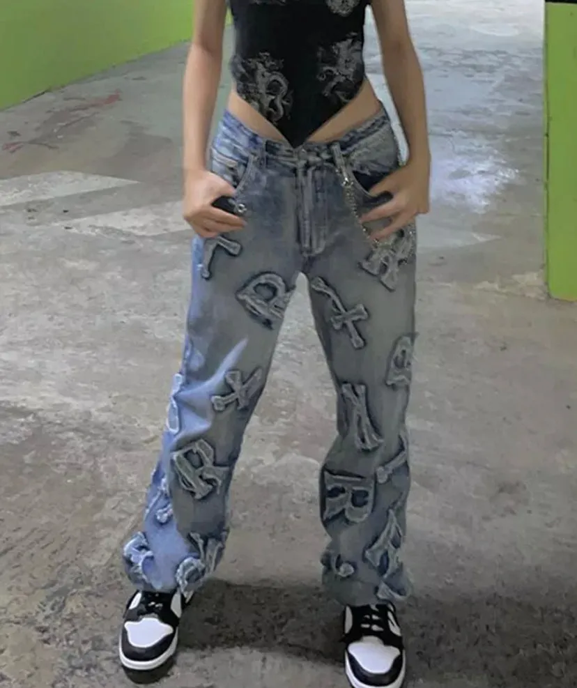 Letter Print Embroidered Jeans
