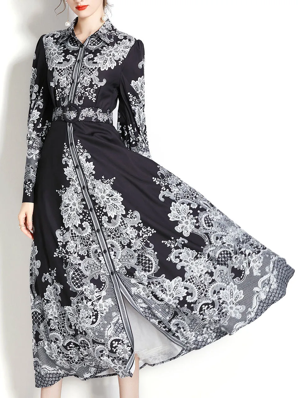 Light Blue Lapel Long Sleeved Bohemian Dress