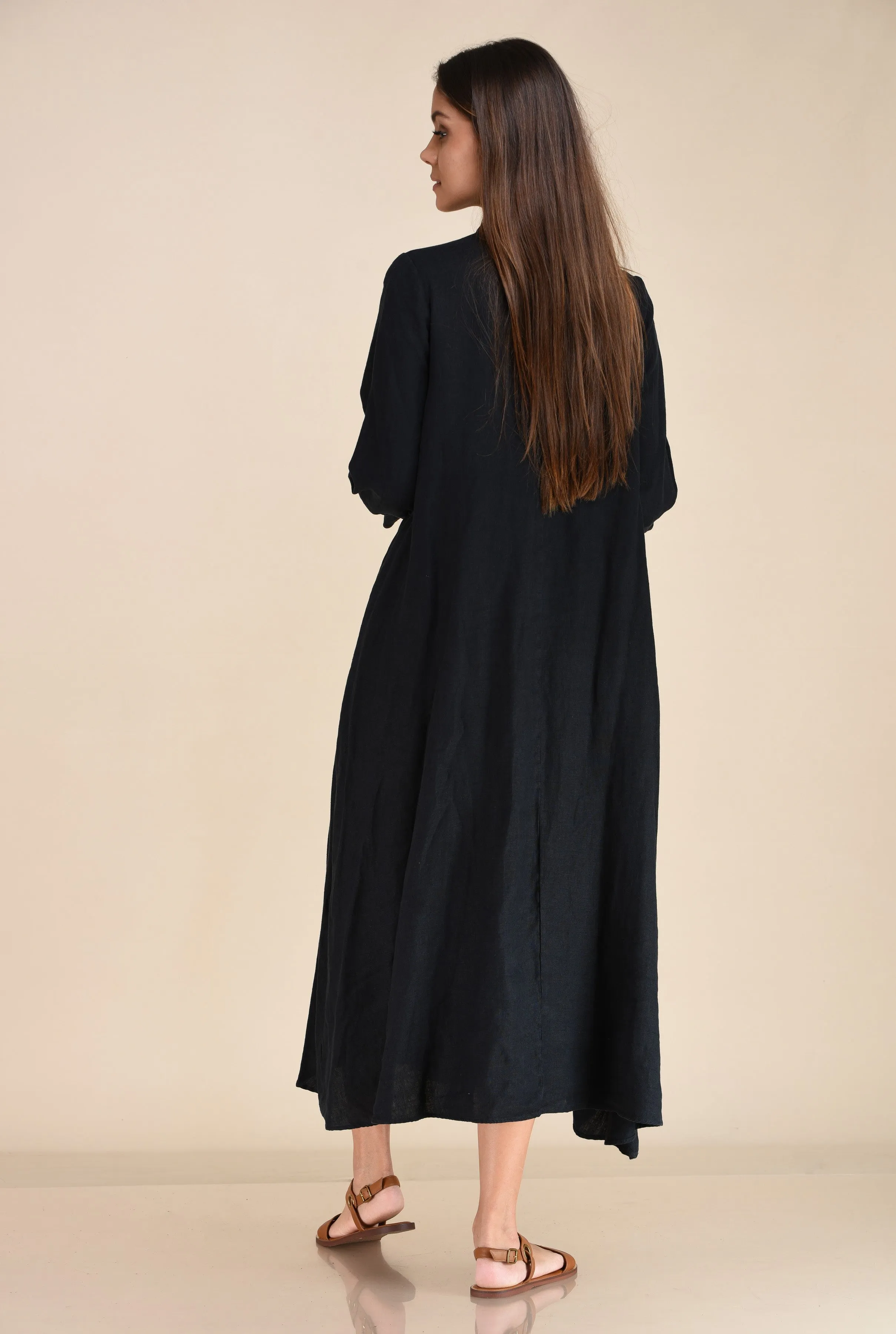 LINEN BUTTON-DOWN LONG SHIRT DRESS