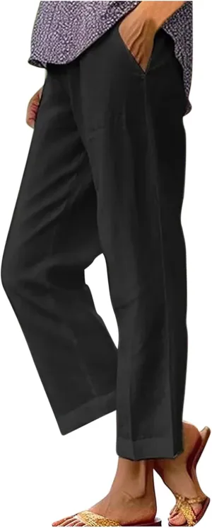 Linen Capri Pants for Women Summer High Waisted Wide Leg Lounge Pants Beach Vacation Trouser with Pockets 2025