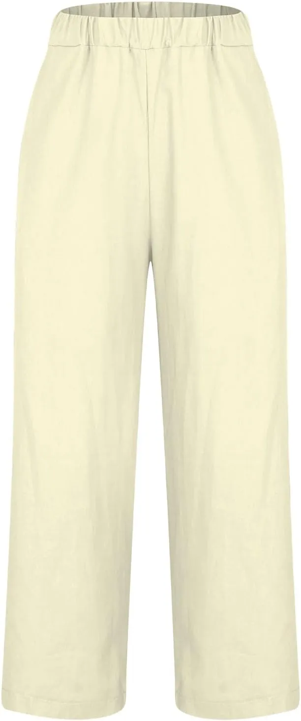 Linen Capri Pants for Women Summer High Waisted Wide Leg Lounge Pants Beach Vacation Trouser with Pockets 2025