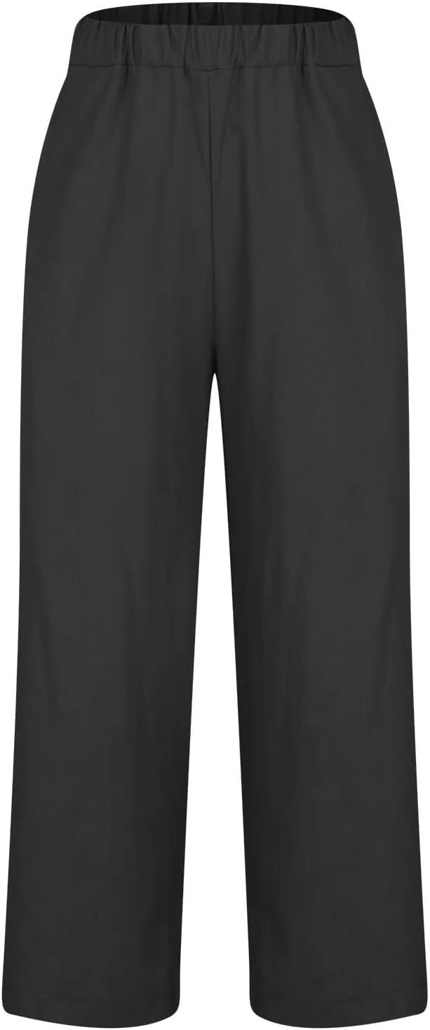Linen Capri Pants for Women Summer High Waisted Wide Leg Lounge Pants Beach Vacation Trouser with Pockets 2025