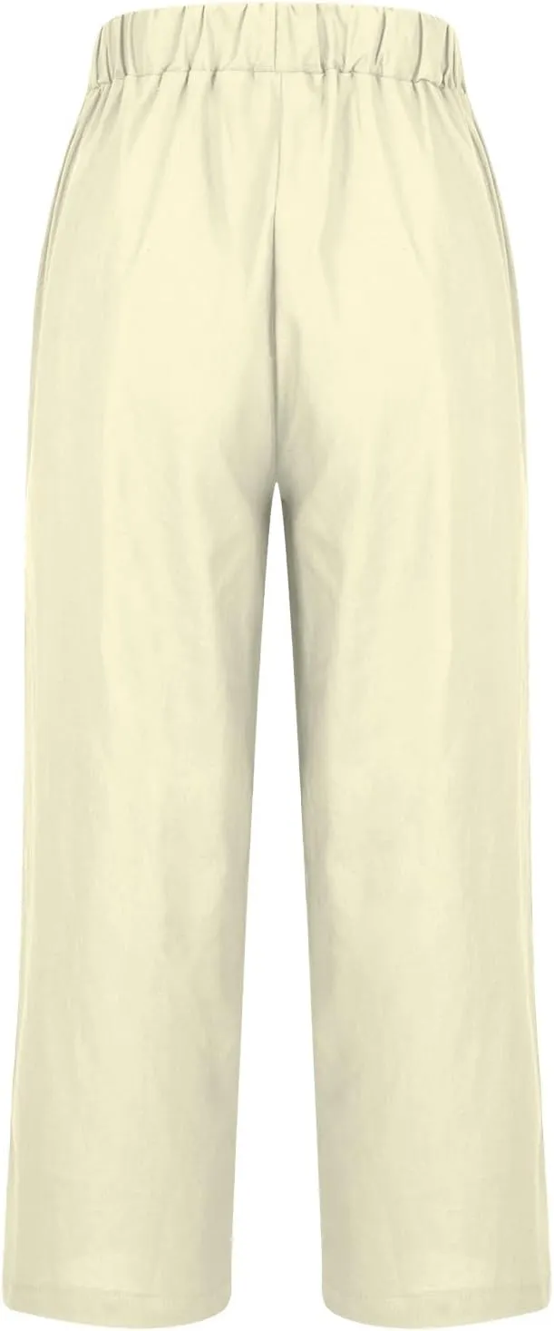 Linen Capri Pants for Women Summer High Waisted Wide Leg Lounge Pants Beach Vacation Trouser with Pockets 2025
