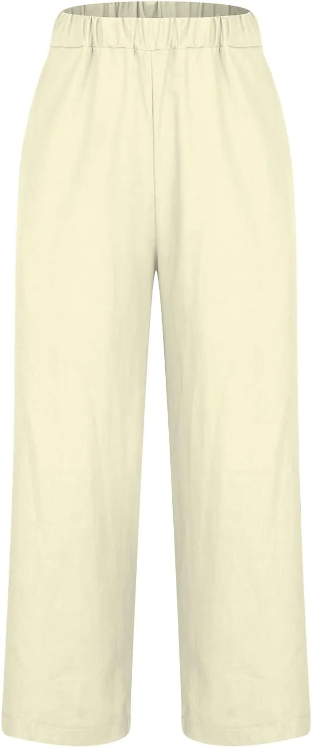 Linen Capri Pants for Women Summer High Waisted Wide Leg Lounge Pants Beach Vacation Trouser with Pockets 2025