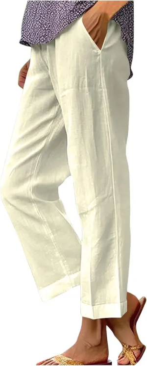 Linen Capri Pants for Women Summer High Waisted Wide Leg Lounge Pants Beach Vacation Trouser with Pockets 2025