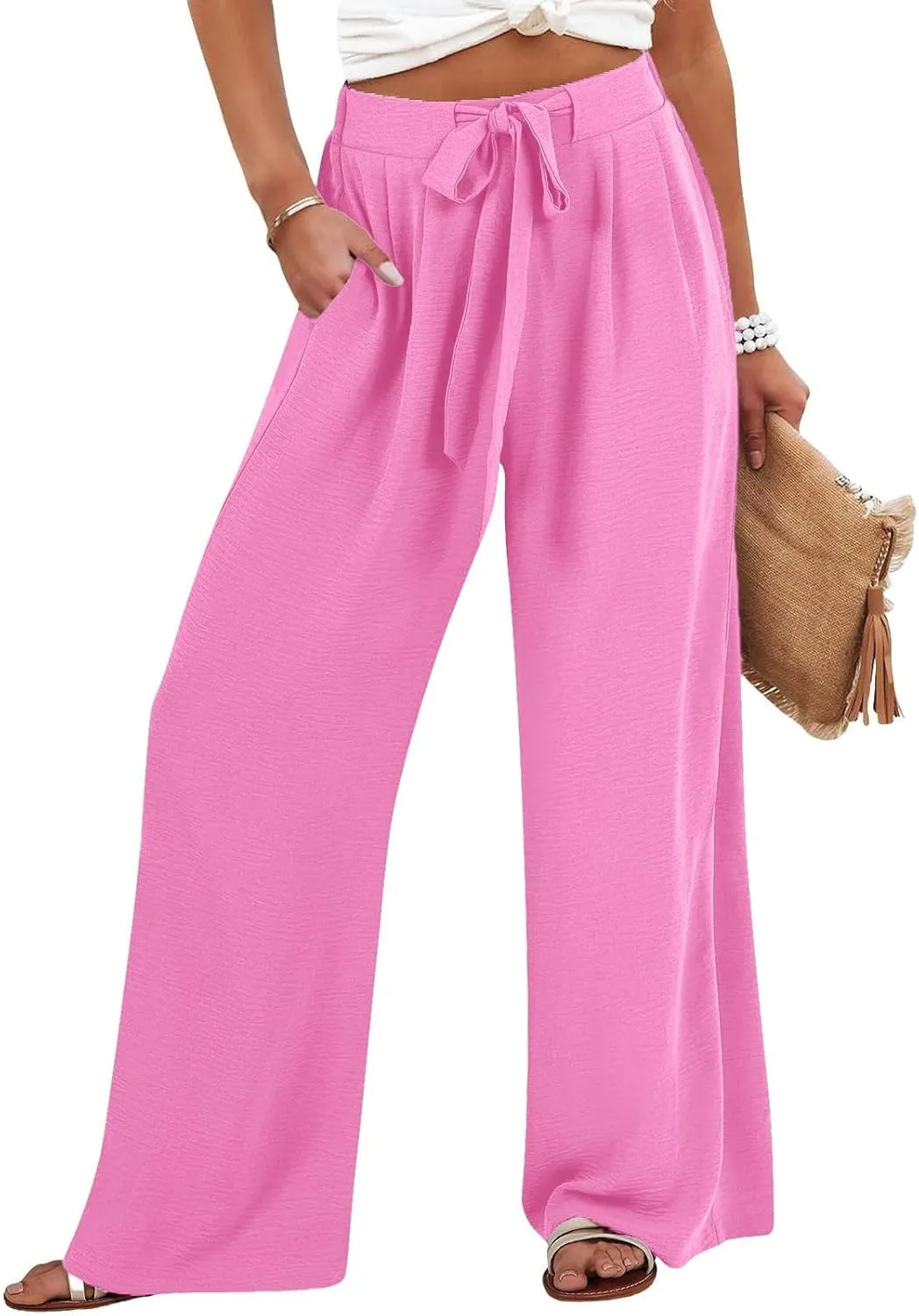Linen Capri Pants Women Wide Leg Straight with Pocket Drawstrings Loose Casual Summer Vacation 2025