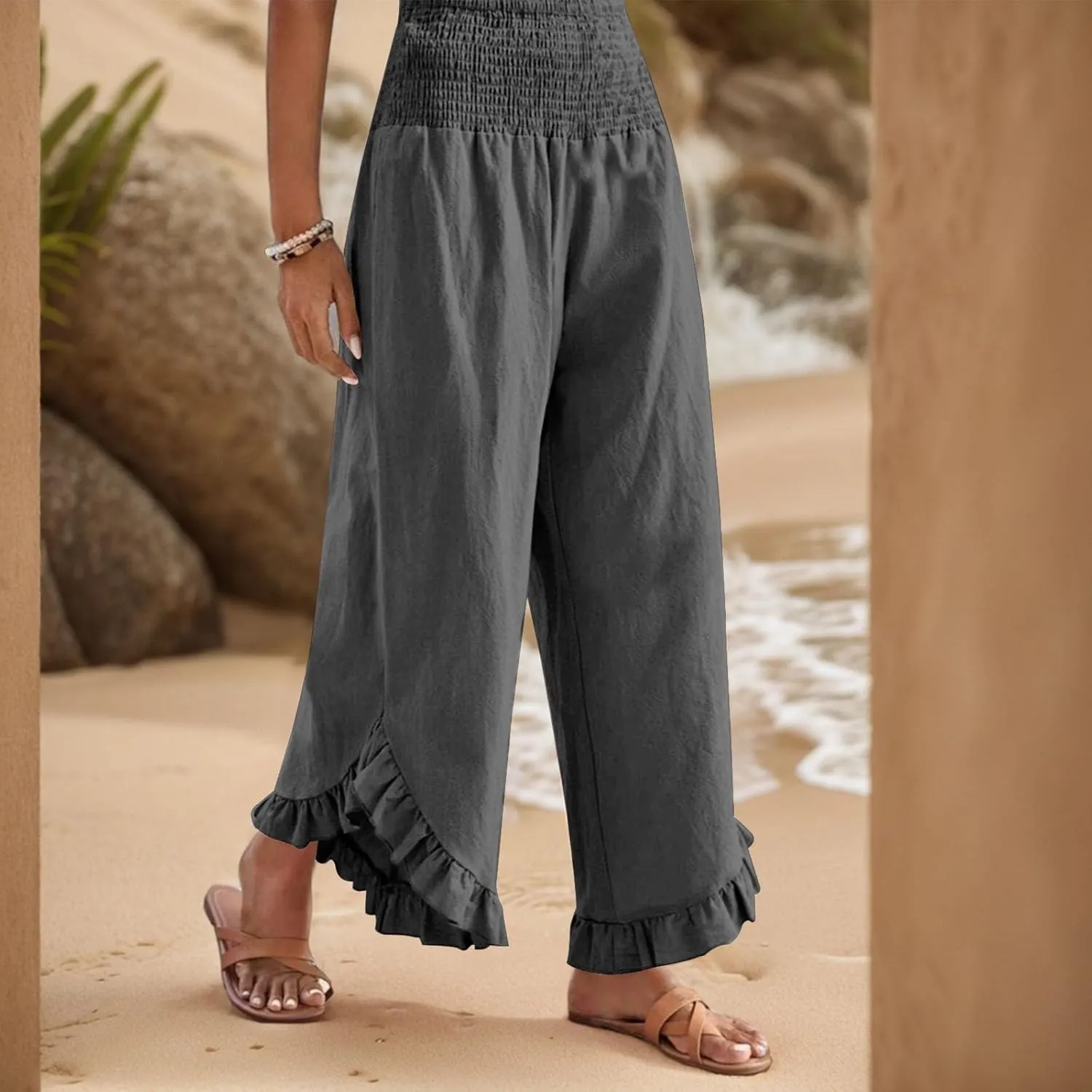 Linen Casual Pants for Women Summer Flowy Palazzo Pants Dressy High Waist Smocked Ruffle Hem Classic Pockets Trousers