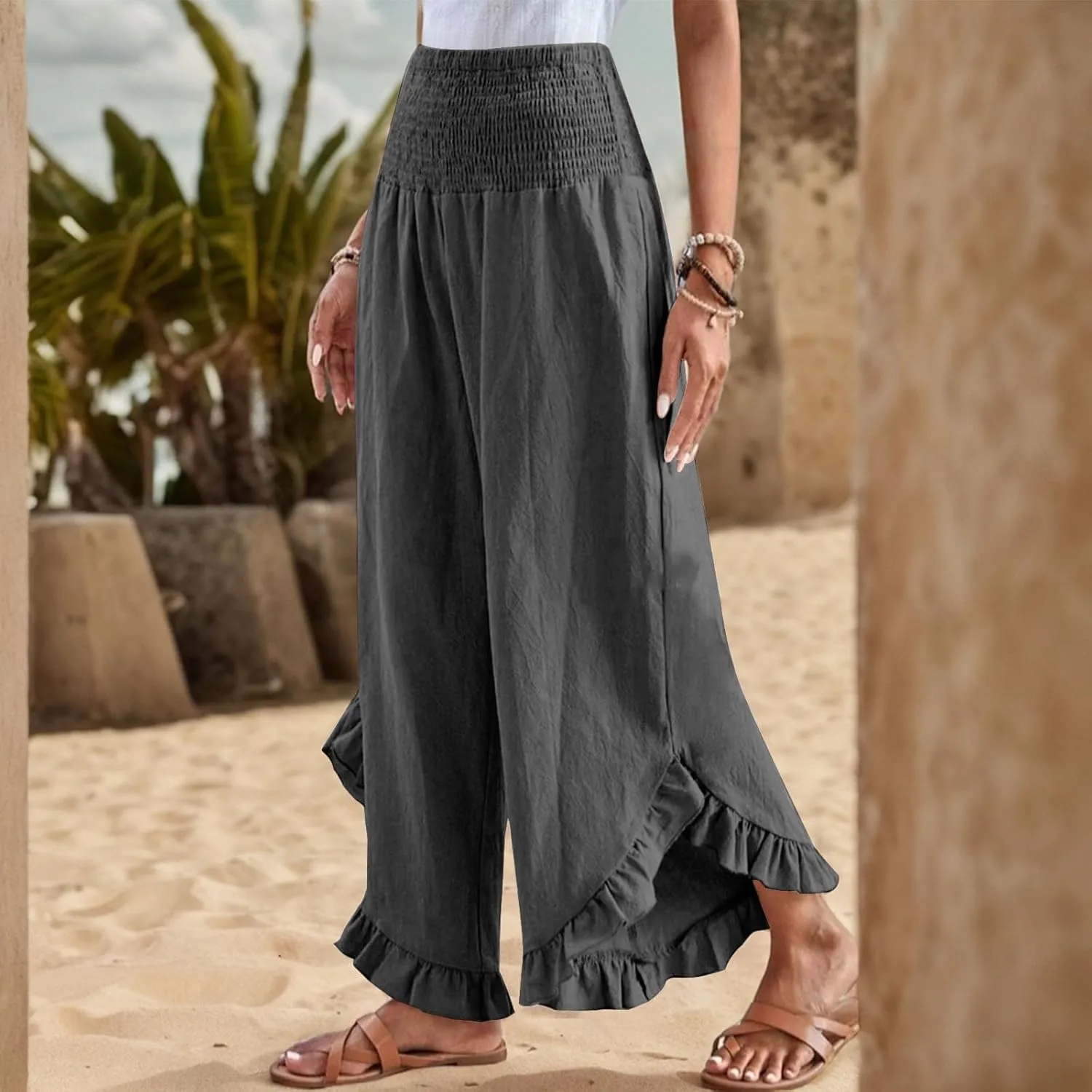 Linen Casual Pants for Women Summer Flowy Palazzo Pants Dressy High Waist Smocked Ruffle Hem Classic Pockets Trousers