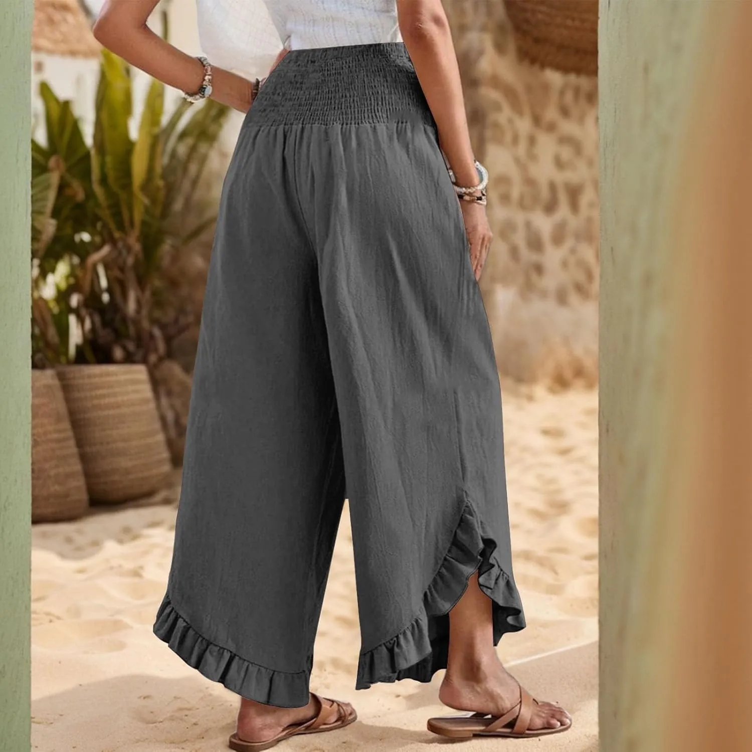 Linen Casual Pants for Women Summer Flowy Palazzo Pants Dressy High Waist Smocked Ruffle Hem Classic Pockets Trousers