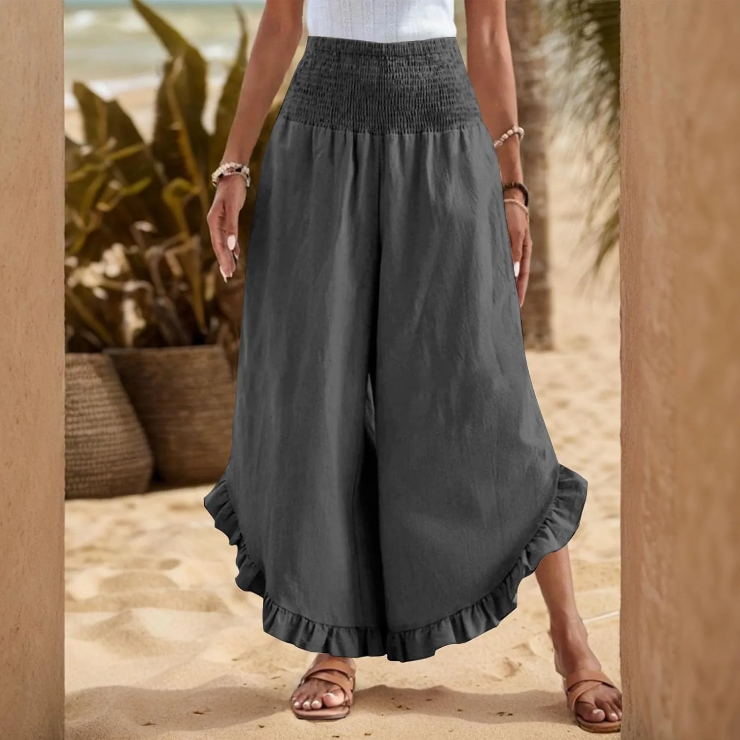 Linen Casual Pants for Women Summer Flowy Palazzo Pants Dressy High Waist Smocked Ruffle Hem Classic Pockets Trousers