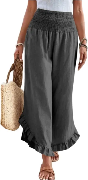 Linen Casual Pants for Women Summer Flowy Palazzo Pants Dressy High Waist Smocked Ruffle Hem Classic Pockets Trousers