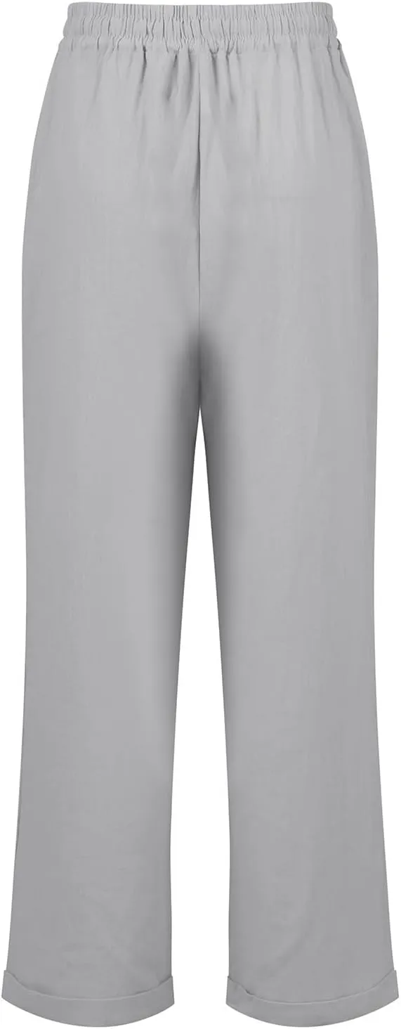 Linen Cropped Pants Women Wide Leg High Waisted Lightweight Casual Pants Comfy Vacation Beach Pants with Pockets