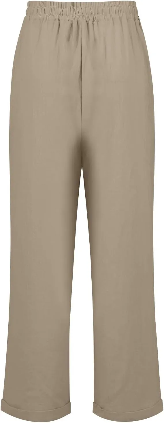 Linen Cropped Pants Women Wide Leg High Waisted Lightweight Casual Pants Comfy Vacation Beach Pants with Pockets