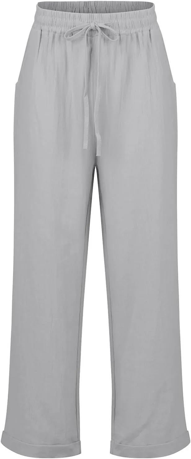 Linen Cropped Pants Women Wide Leg High Waisted Lightweight Casual Pants Comfy Vacation Beach Pants with Pockets