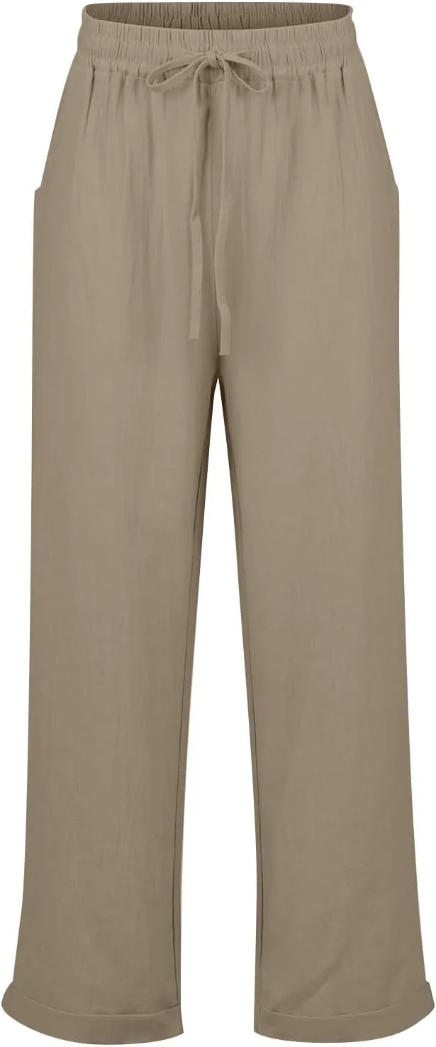 Linen Cropped Pants Women Wide Leg High Waisted Lightweight Casual Pants Comfy Vacation Beach Pants with Pockets