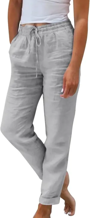 Linen Cropped Pants Women Wide Leg High Waisted Lightweight Casual Pants Comfy Vacation Beach Pants with Pockets