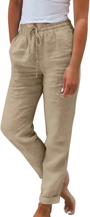 Linen Cropped Pants Women Wide Leg High Waisted Lightweight Casual Pants Comfy Vacation Beach Pants with Pockets