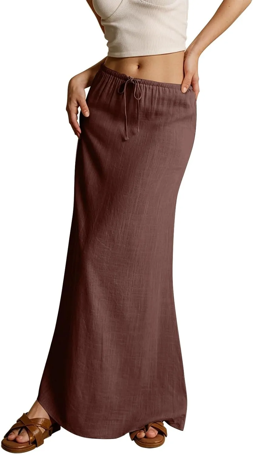 Linen Dresses for Women Cotton Linen Long Summer Casual Drawstring Low Waist Skirt Flowy Beach Vacation Boho