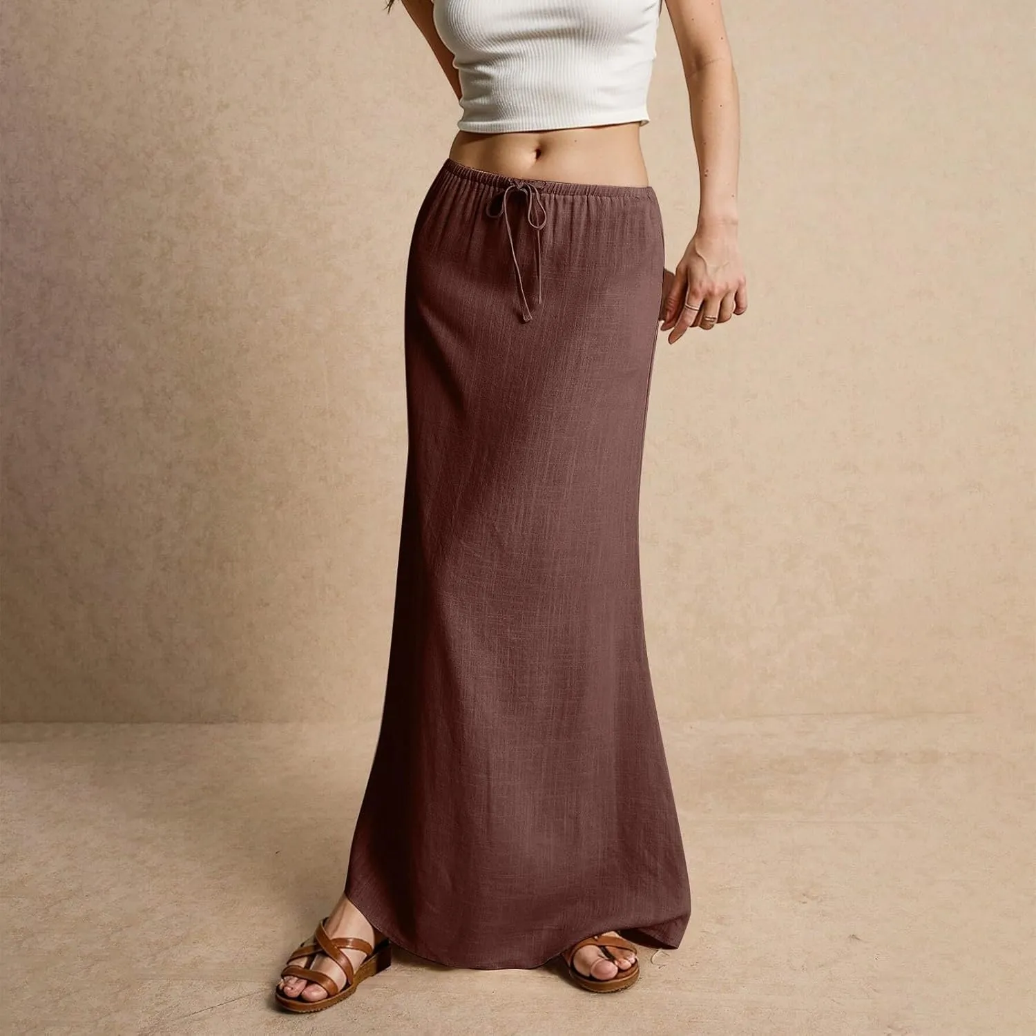 Linen Dresses for Women Cotton Linen Long Summer Casual Drawstring Low Waist Skirt Flowy Beach Vacation Boho