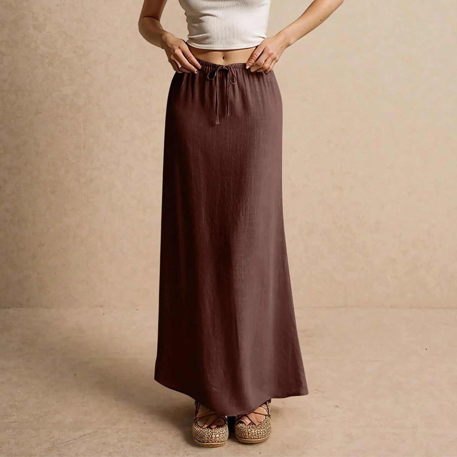 Linen Dresses for Women Cotton Linen Long Summer Casual Drawstring Low Waist Skirt Flowy Beach Vacation Boho