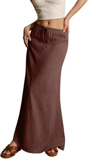 Linen Dresses for Women Cotton Linen Long Summer Casual Drawstring Low Waist Skirt Flowy Beach Vacation Boho