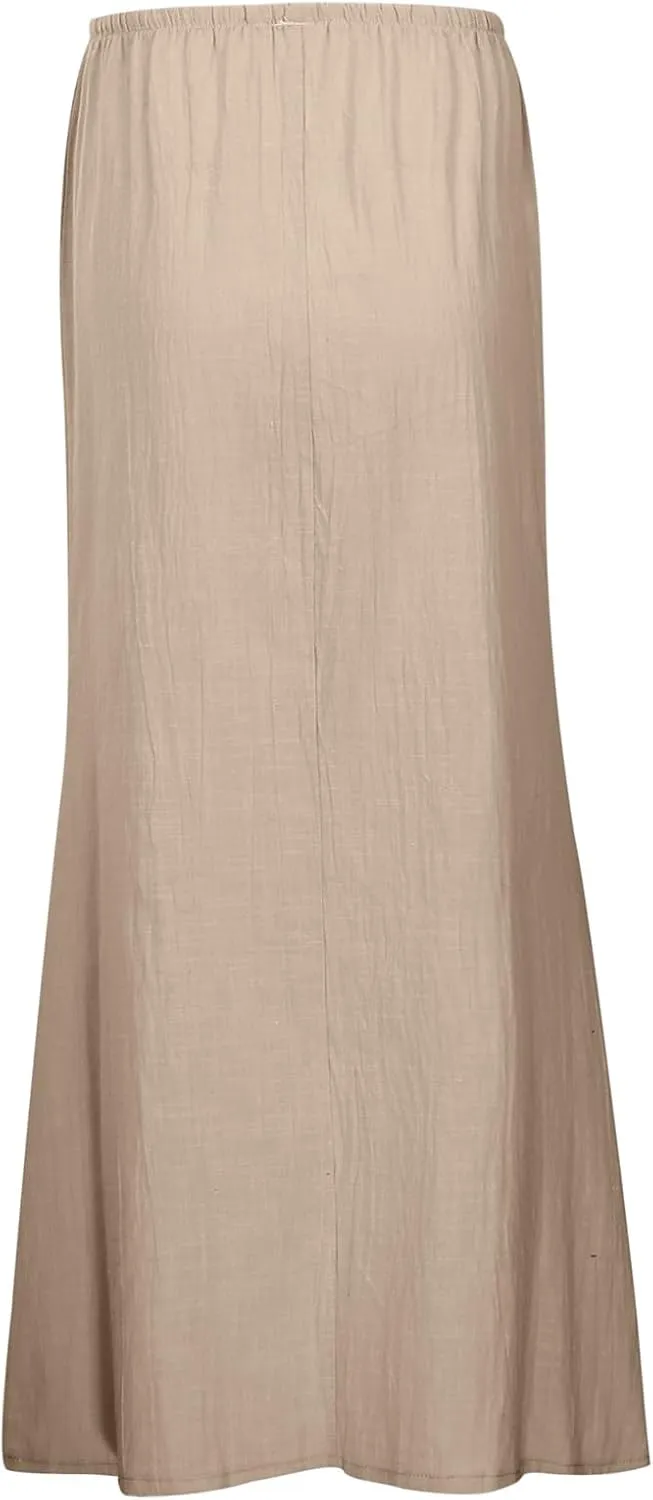 Linen Flared Maxi Skirts for Women 2025 Summer Trendy Elastic Waist Drawstring Long Flowy Pencil Skirt