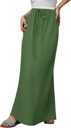 Linen Flared Maxi Skirts for Women 2025 Summer Trendy Elastic Waist Drawstring Long Flowy Pencil Skirt