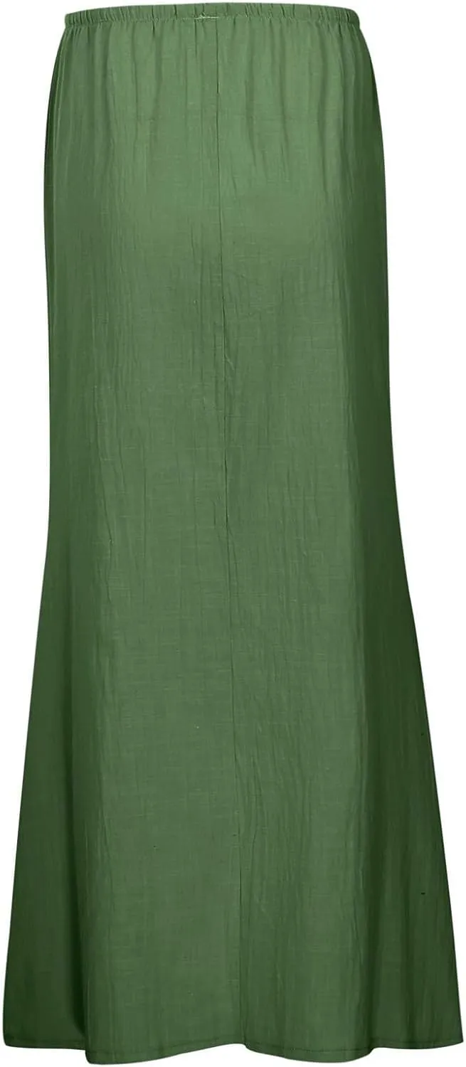 Linen Flared Maxi Skirts for Women 2025 Summer Trendy Elastic Waist Drawstring Long Flowy Pencil Skirt