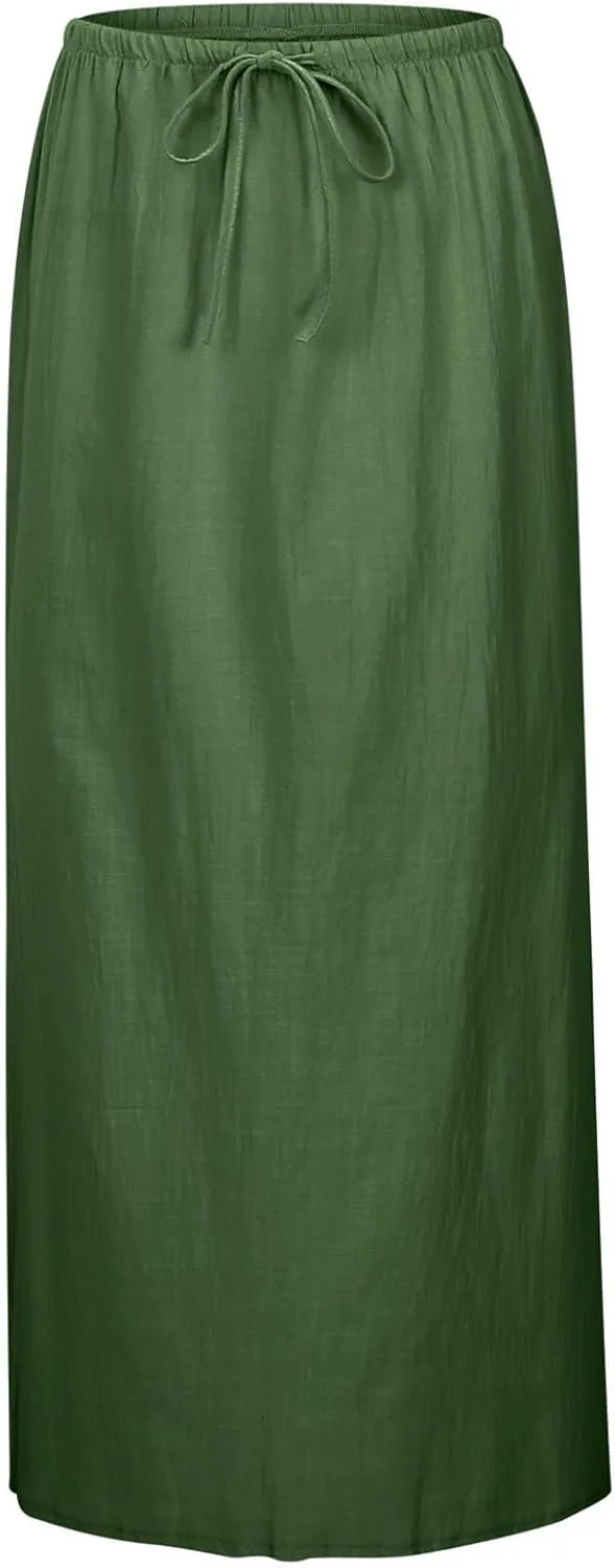 Linen Flared Maxi Skirts for Women 2025 Summer Trendy Elastic Waist Drawstring Long Flowy Pencil Skirt