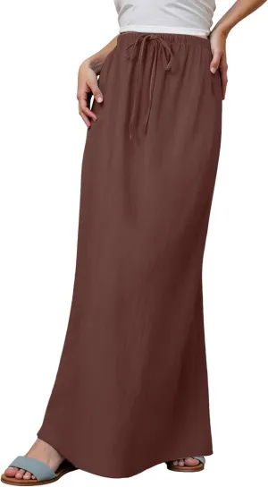 Linen Flared Maxi Skirts for Women 2025 Summer Trendy Elastic Waist Drawstring Long Flowy Pencil Skirt