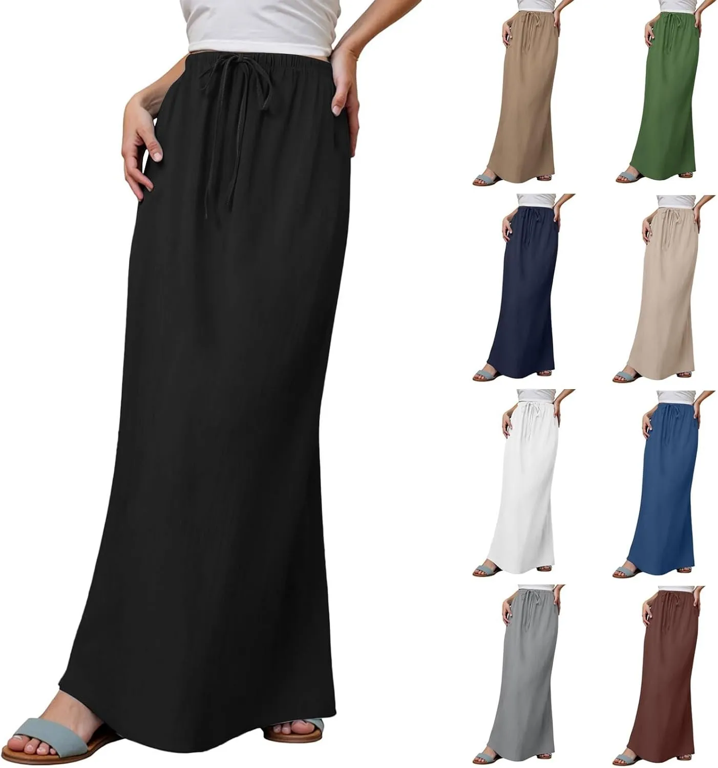 Linen Flared Maxi Skirts for Women 2025 Summer Trendy Elastic Waist Drawstring Long Flowy Pencil Skirt