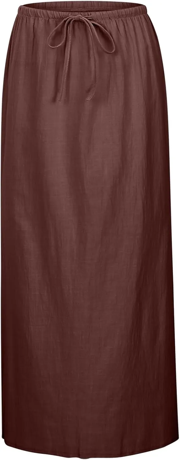 Linen Flared Maxi Skirts for Women 2025 Summer Trendy Elastic Waist Drawstring Long Flowy Pencil Skirt