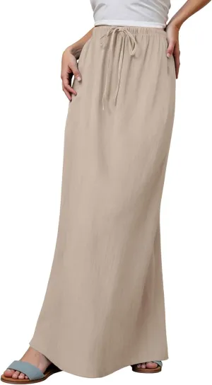 Linen Flared Maxi Skirts for Women 2025 Summer Trendy Elastic Waist Drawstring Long Flowy Pencil Skirt