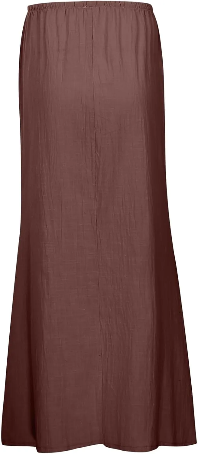 Linen Flared Maxi Skirts for Women 2025 Summer Trendy Elastic Waist Drawstring Long Flowy Pencil Skirt