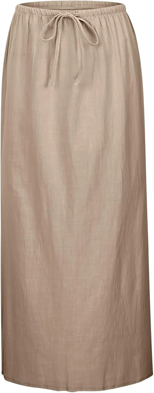 Linen Flared Maxi Skirts for Women 2025 Summer Trendy Elastic Waist Drawstring Long Flowy Pencil Skirt
