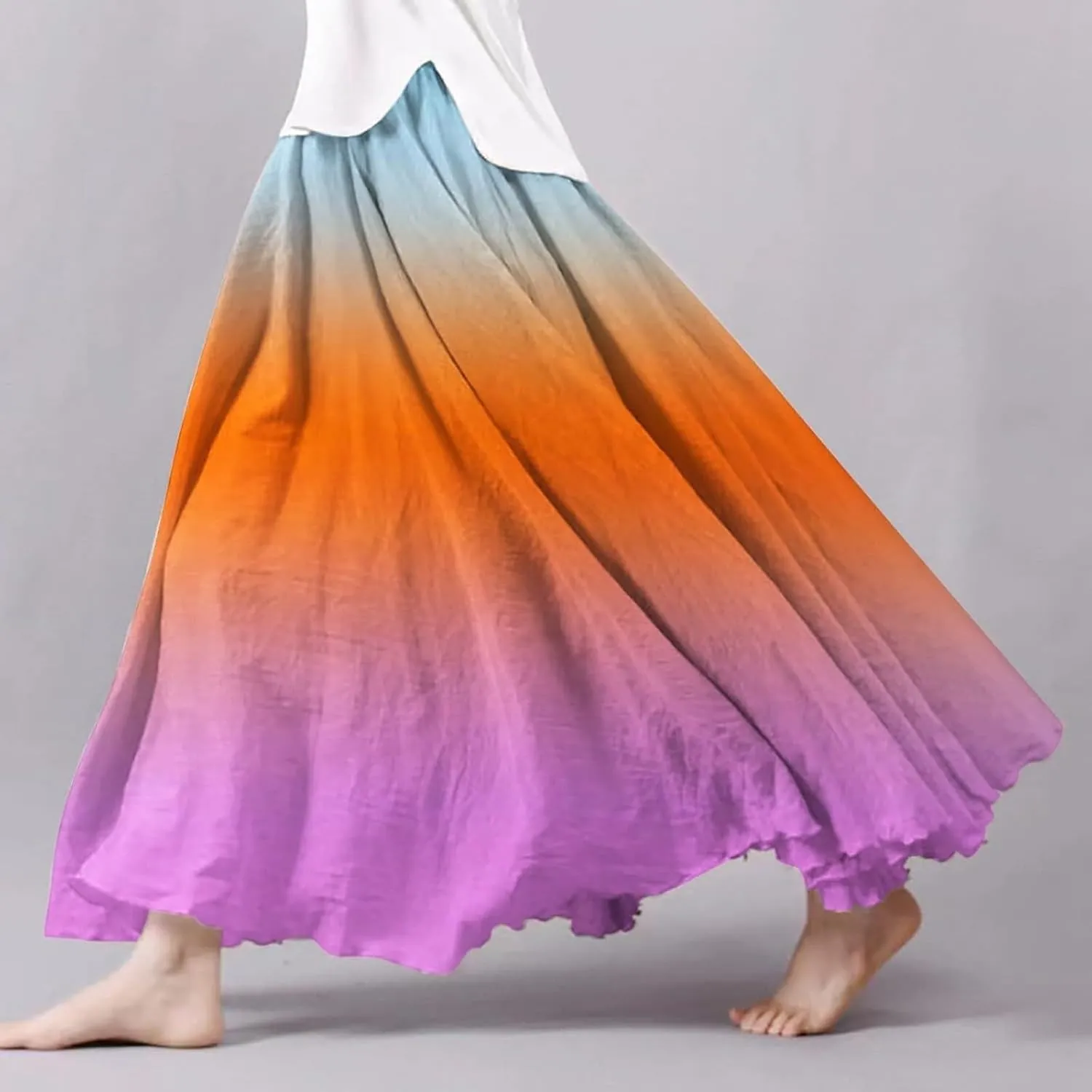Linen Maxi Skirts for Women Summer Boho Pleated Gradient Beach Elastic High Waist A-Line Flowy Swing Long Maxi Skirts