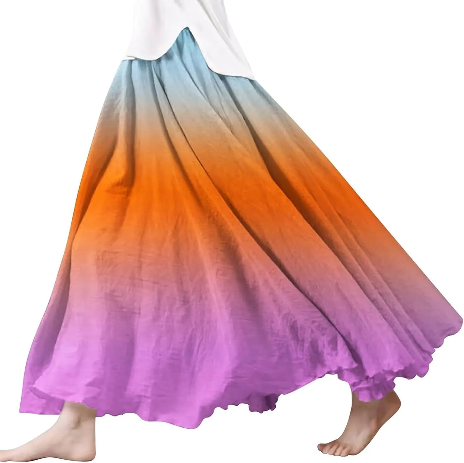 Linen Maxi Skirts for Women Summer Boho Pleated Gradient Beach Elastic High Waist A-Line Flowy Swing Long Maxi Skirts