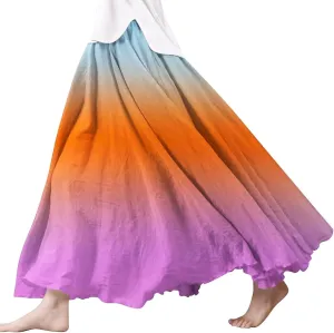 Linen Maxi Skirts for Women Summer Boho Pleated Gradient Beach Elastic High Waist A-Line Flowy Swing Long Maxi Skirts