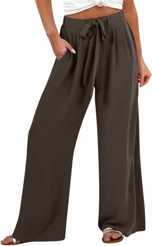 Linen Palazzo Pants for Women Casual Loose Beach Wide Leg Flowy Trousers High Waisted Tie Knot Lounge Pant