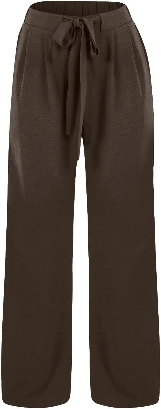 Linen Palazzo Pants for Women Casual Loose Beach Wide Leg Flowy Trousers High Waisted Tie Knot Lounge Pant