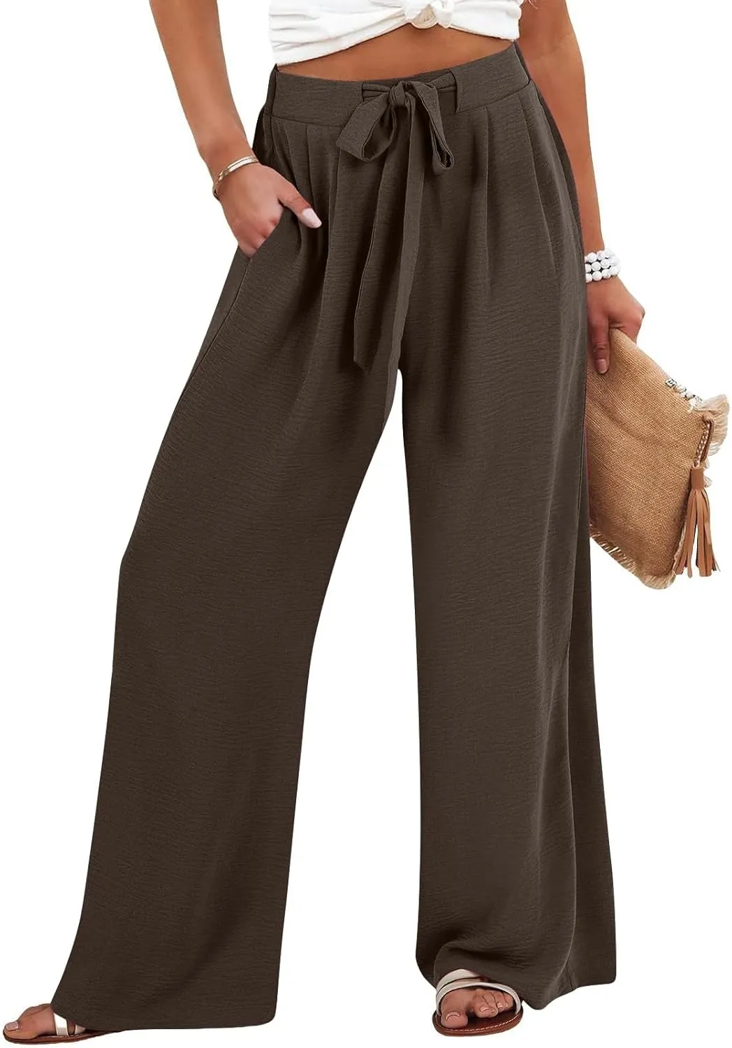 Linen Palazzo Pants for Women Casual Loose Beach Wide Leg Flowy Trousers High Waisted Tie Knot Lounge Pant