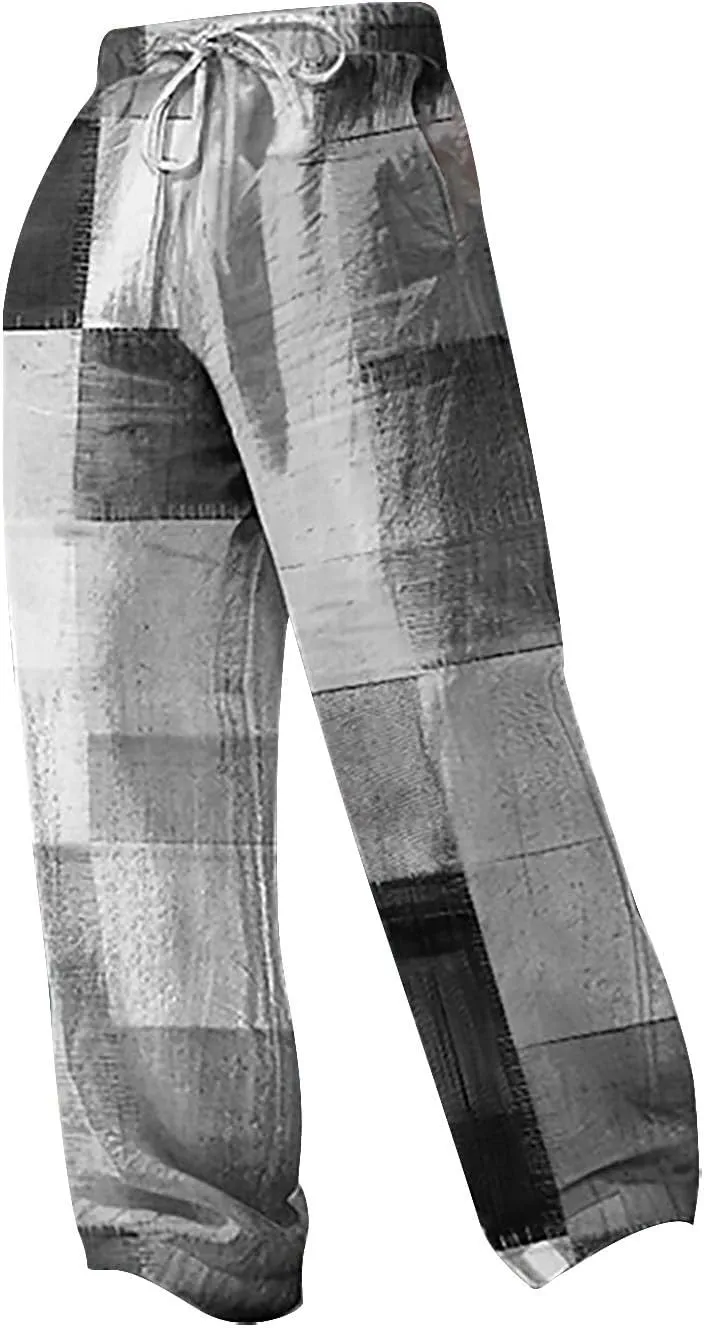 Linen Pants for Men Summer Beach Fashion Trousers with Pockets Casual Lightweight Drawstring Print Wide Leg Pants