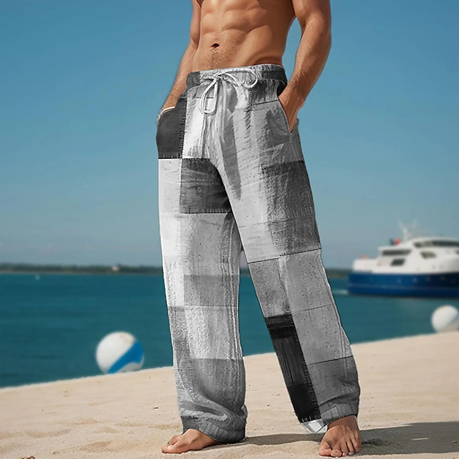 Linen Pants for Men Summer Beach Fashion Trousers with Pockets Casual Lightweight Drawstring Print Wide Leg Pants