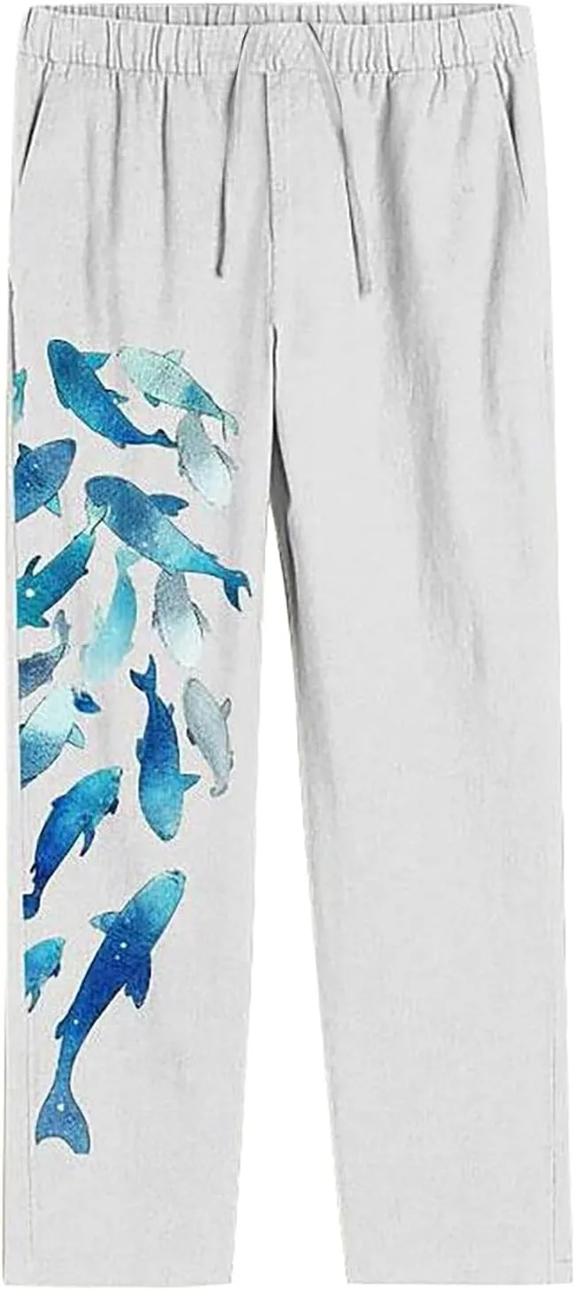 Linen Pants for Men Summer Beach Fashion Trousers with Pockets Casual Lightweight Drawstring Print Wide Leg Pants