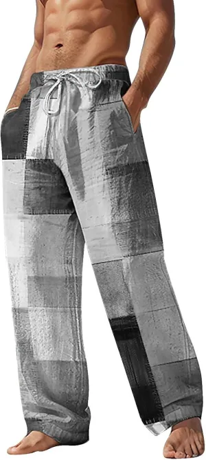 Linen Pants for Men Summer Beach Fashion Trousers with Pockets Casual Lightweight Drawstring Print Wide Leg Pants